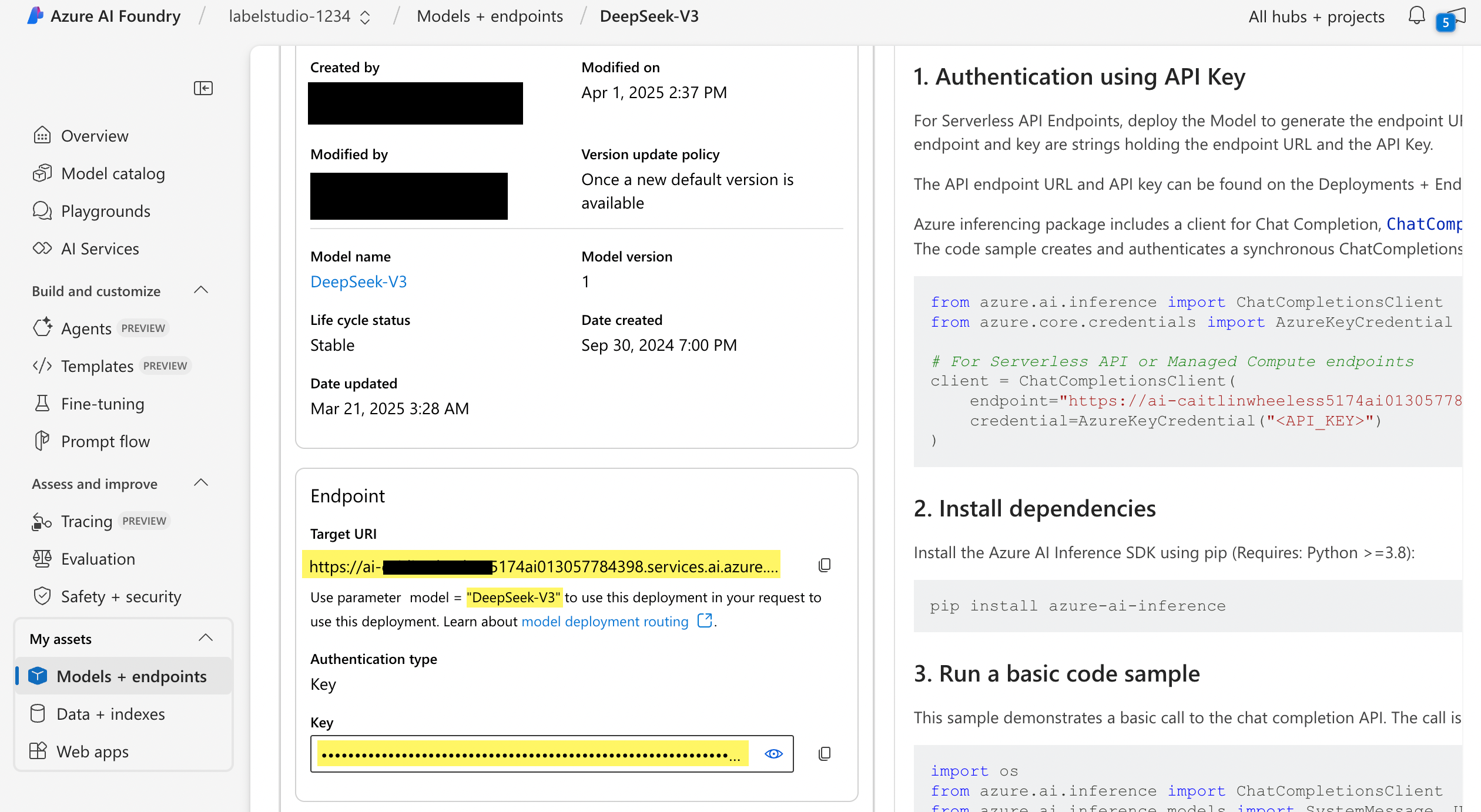 Screenshot of the AI Foundry endpoint details